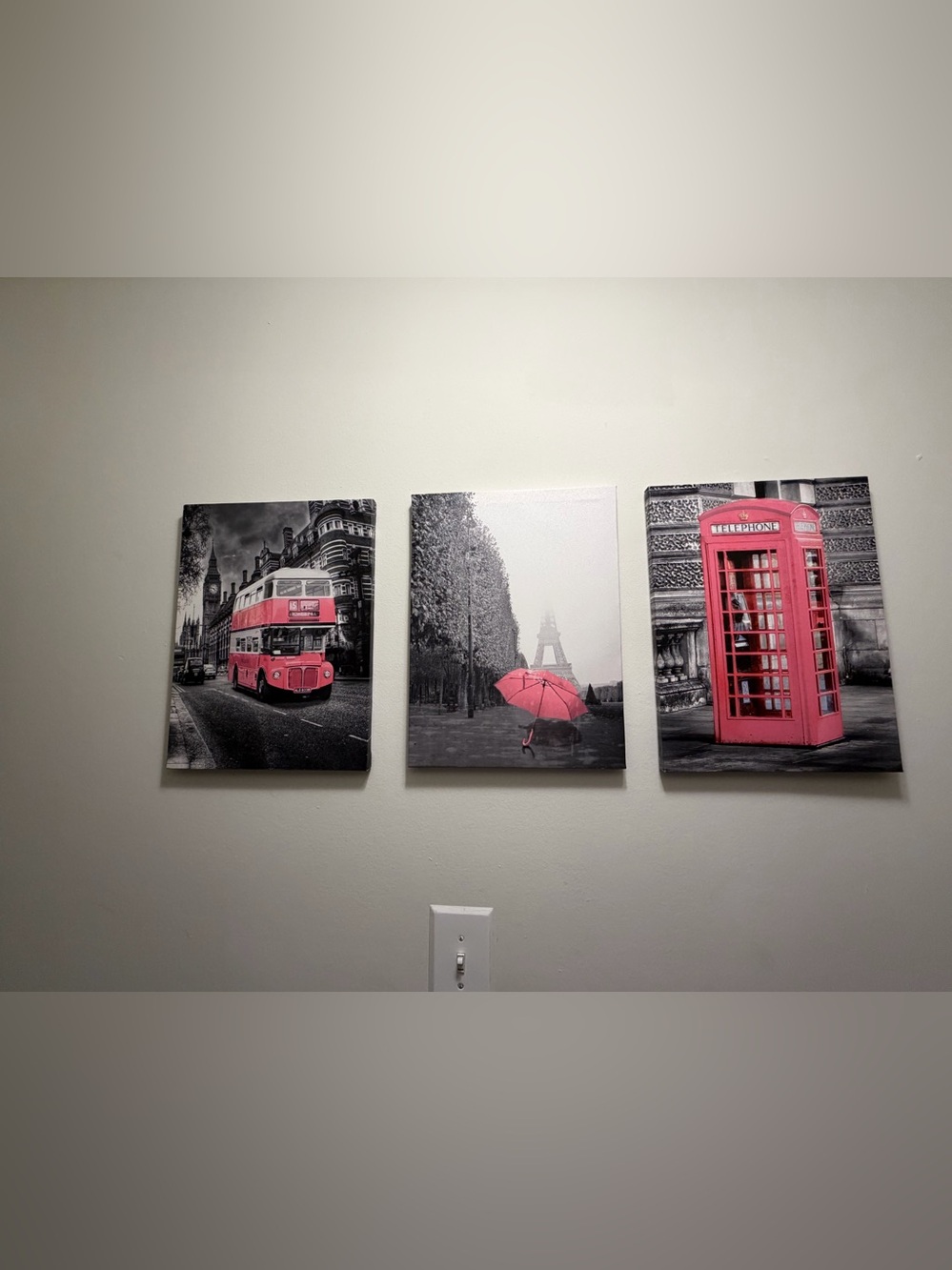 Set of 3 London Paris Pink Accent Canvas Wall Art